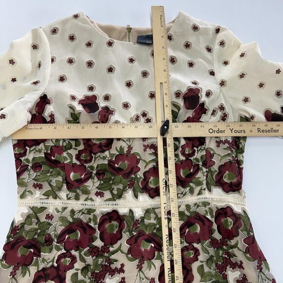 Gabby Skye Dress Womens 10 Ivory Burgundy Floral Embroidered Sheath 3/4 Sleeve - Picture 7 of 9